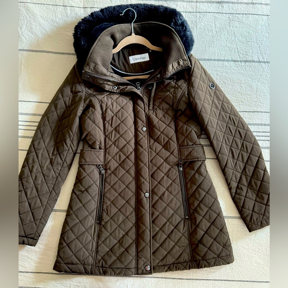 Calvin Klein Quilted Brown/Olive Hooded Puffer Coat